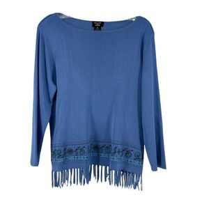 Due Per Due HSN Top Blue Silk Fringe Size M Knit Boat Neck Floral Embroidered